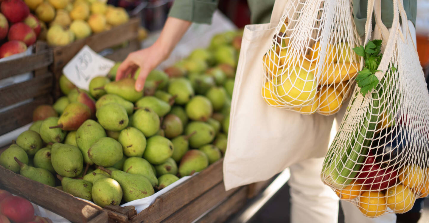 Frau trägt Obst und Gemüseeinkauf in Beuteln